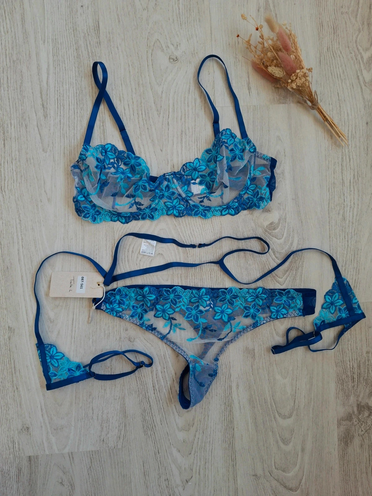 💙 Conjunto de lencería para mujer de 3 piezas azul con flores/transparente/blanco – Talla L – NUEVO – photo 2
